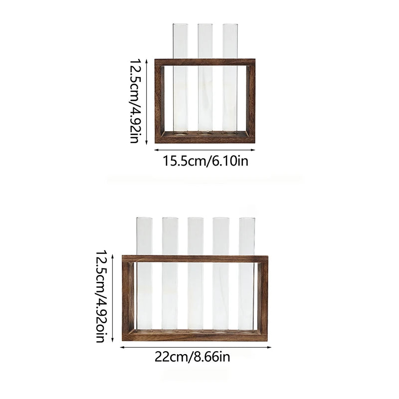 1 Set Hydroponic Plant Glass Test Tube Vase with Wooden Frame – Perfect for Desktop, Home, or Office Decor