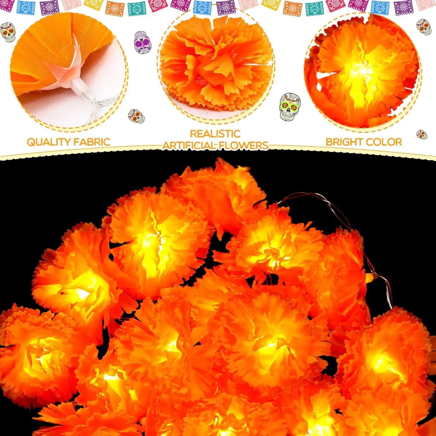 Marigold LED Garland String Lights - Battery Operated for Indoor/Outdoor Decorations, Dia de los Muertos, Diwali, and Fall Events