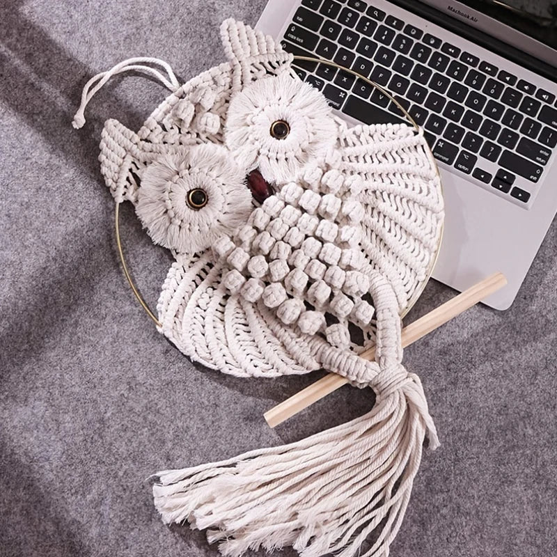 Owl Macrame Wall Hanging - Handwoven Boho Decor for Apartment or Dorm Room