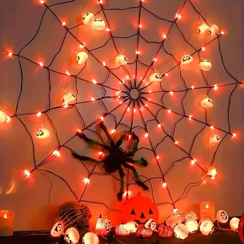 70 LEDs Halloween Spider Web LED Lights - Battery Operated with Remote Control for Garden & Wall Décor