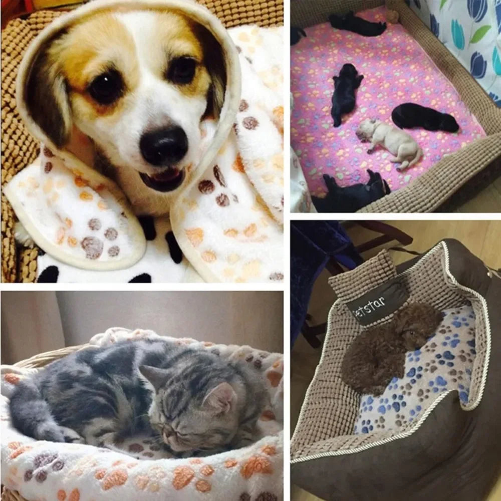 Cute Dog Bed Mats Soft Flannel Fleece Paw Print Warm Blanket for Small & Medium Dogs and Cats