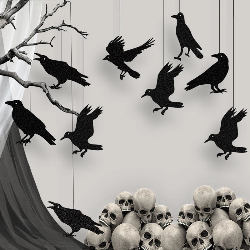 Halloween Black Crow Hanging Banner - 9pcs Garland for Spooky Home & Party Decorations