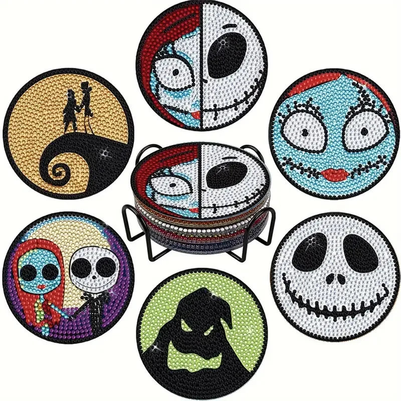 Halloween Skull Jack 6 Pieces DIY Crystal Glitter Diamond Painted Wooden Art Coaster with Stand