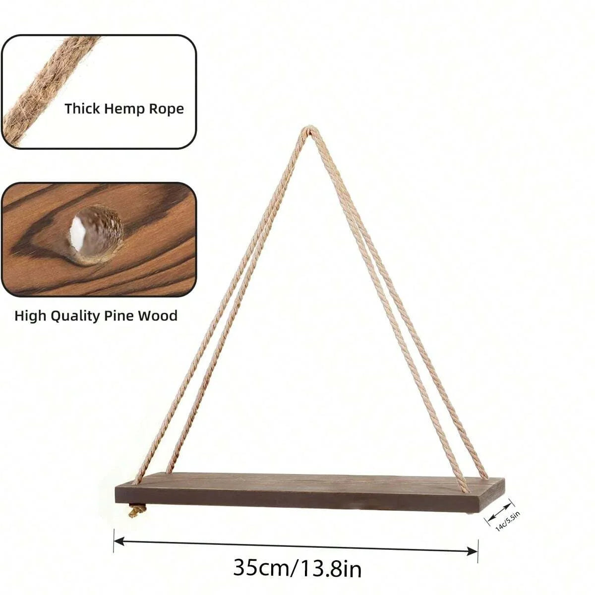 Wooden Swing Hanging Shelf with Hemp Rope – Perfect Floating Wall Shelf for Living Room, Plant Display, or Garden Décor