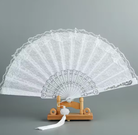 Luxury White Lace Folding Fan - Double-Layered Wedding and Cosplay Accessory with Carved Plastic Ribs